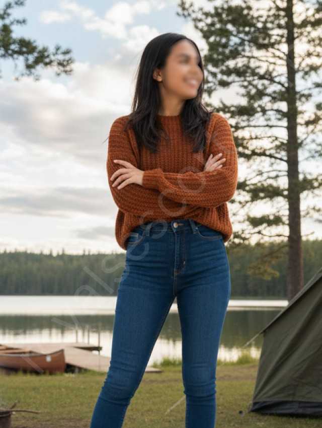 Independent call girl wearing brown sweater & Jeans give pose in camp side in shivpuri