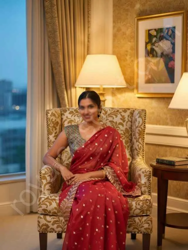 Naira Housewife escort wearing saari and sittting on chair in Zirakpur