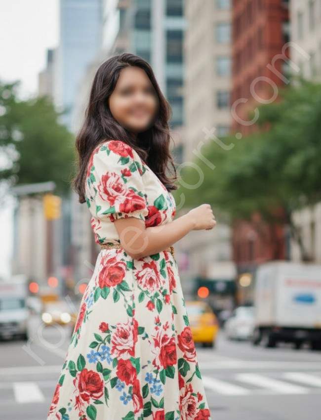 Independent Escort Vamika wearing flowe printed gown and give side pose in the street