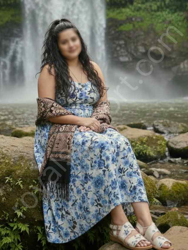 Call Girl escort wearing blue flower print dress and give pose in the waterwall in Mussoorie